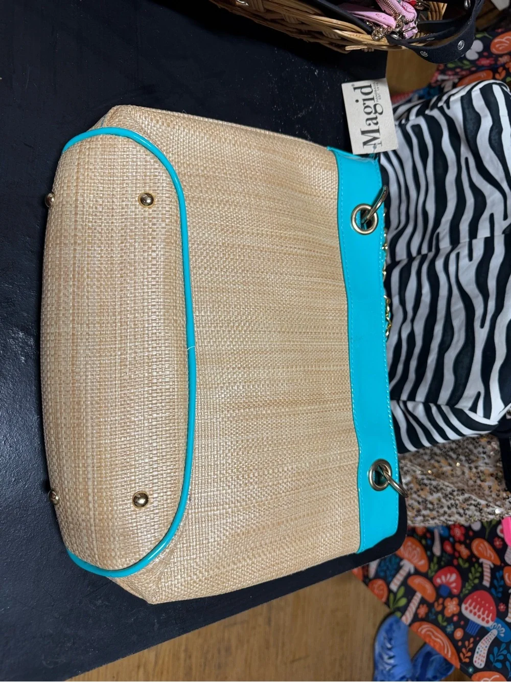Woven Straw Tote with Turquoise Trim and Starfish Accent by Magid handbags NWT